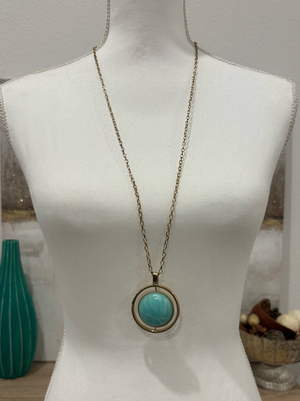 Gold Pendant Necklace with Aqua Blue Stone